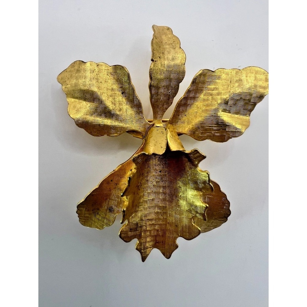 Vintage Gold Orchid Brooch Large 2" Textured Floral‎ Statement Pin Mid Century